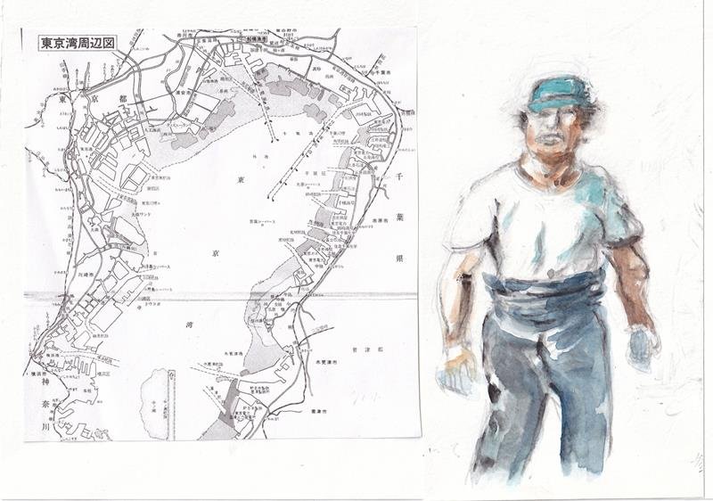 海の男の人物スケッチと東京湾地図　文献書籍「東京湾で魚を追う」の表紙裏
