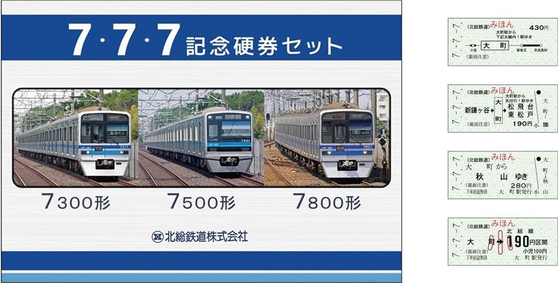 北総鉄道が発売する「７・７・７」の記念切符（右）と切符が入る台紙の表紙（同鉄道提供）