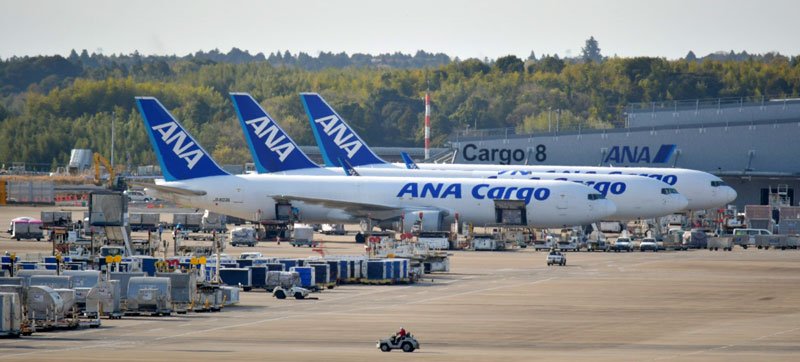 複数の貨物専用機が駐機されている成田空港＝４月、成田市