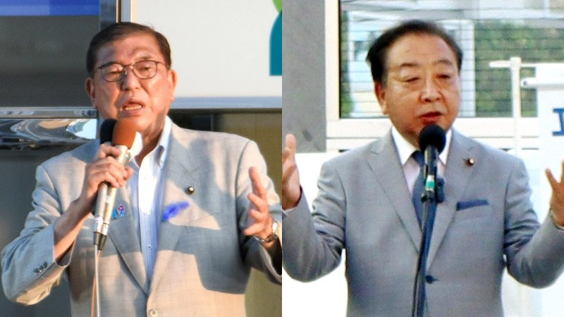 演説する石破首相＝９日、船橋駅前（左）／演説する野田代表＝９日、新浦安駅前（右）