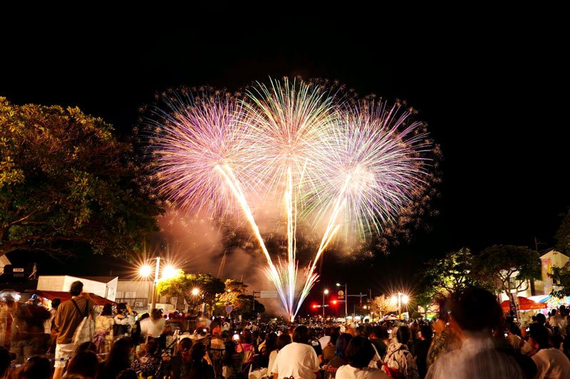 銚子市で９日夜、「銚子みなとまつり花火大会」が開かれた。約８０００発の大輪が夜空を彩り、訪れた大勢の市民らから大きな歓声が沸いた