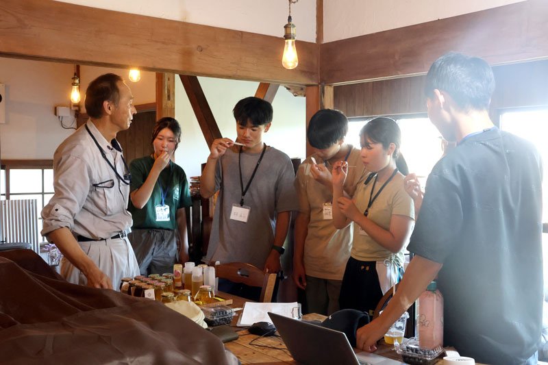複数の蜂蜜を食べ比べる大学生＝２０日、大網白里市
