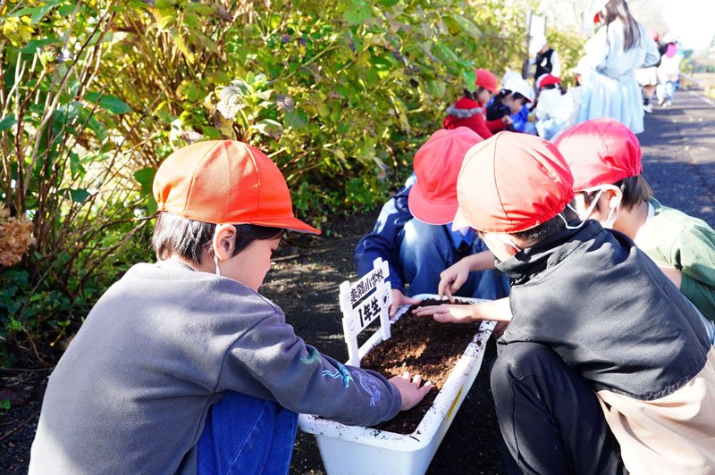 国吉駅のホームでプランターに植える作業をする児童＝いすみ市
