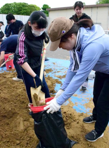 浸水防止用の土のうを作る新規採用職員ら＝茂原市