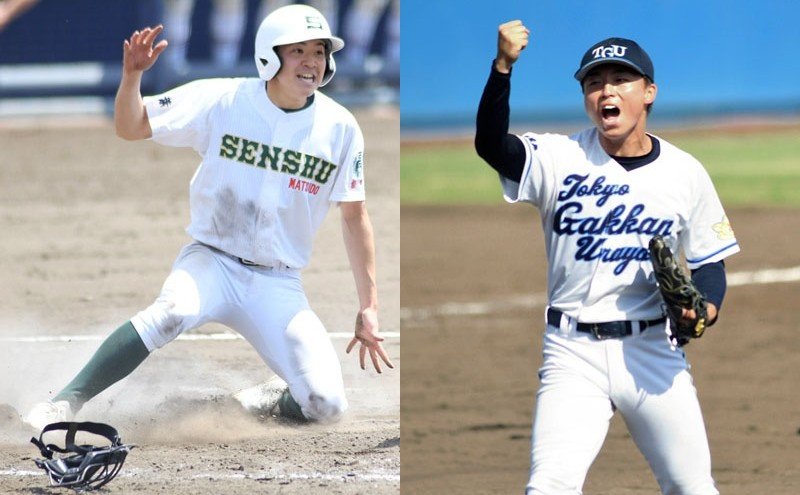 専大松戸－拓大紅陵　専大松戸・宮尾のスクイズで勝ち越しの生還を果たした三走石崎（左）、東京学館浦安－八千代松陰　３失点完投で勝利をつかみガッツポーズする東京学館浦安・大家＝いずれも２日、千葉市の県総合スポーツセンター　森大輔撮影