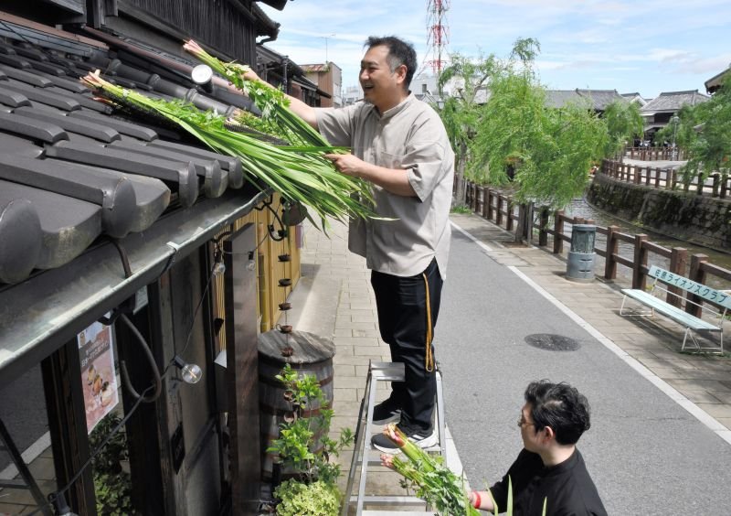 端午の節句を前に、無病息災を願う伝統行事「菖蒲葺き」が行われ、菖蒲の葉とヨモギの束が庇に並べられた＝４日、香取市