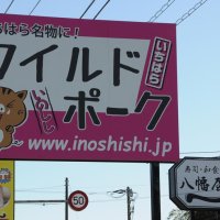 八幡屋前の道路沿いにある「ワイルドポーク」のＰＲ看板
