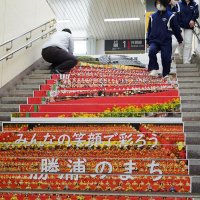 ひな壇飾りをプリントした階段アート
