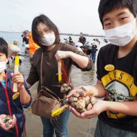 潮干狩りを楽しむ家族連れ＝１９日、富津市