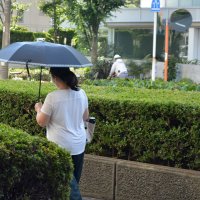 建物を出てすぐに日傘を差す女性＝３０日午後３時半すぎ、船橋市内