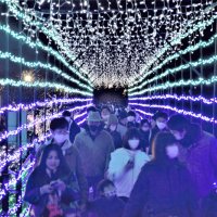アーチ型イルミネーションの下を歩く来場者＝茂原市