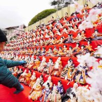 覚翁寺山門前に並べられたひな人形＝２４日、勝浦市