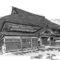 今年初めて見るトンボ　民家の屋根　絵・文　道塚元嘉　【民家の四季】