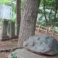 国府台合戦にまつわる「夜泣き石」（右手前）と「里見広次並びに里見軍将士亡霊の碑」