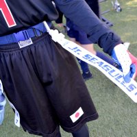 腰に巻いたベルトから帯状のフラッグを垂らしてプレーする