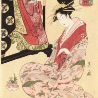 鳥文斎栄之《若菜初衣裳　松葉屋　染之助　わかき　わかば》大判錦絵　寛政６（１７９４）年頃　ボストン美術館蔵
