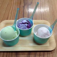 里山ファームで販売されているジェラート。左からメロン、ブルーベリーミルク、イチゴミルクの各フレーバー
