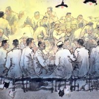 人生楽事の一部分。電灯の光の下、飲んで食べて語らう様子が描かれている