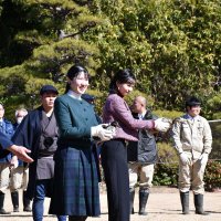 捕獲されたカモを放そうとする愛子さま（左）と佳子さま（右隣り）＝１４日、市川市