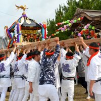 大神輿を持ち上げる法被姿の若い衆ら＝５日、御宿町