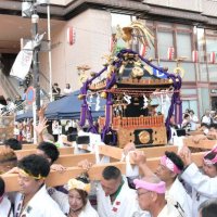 威勢の良いかけ声に合わせて渡御するみこし＝１７日、千葉市中央区