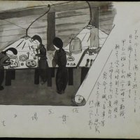木更津高等女学校の生徒が描いた「回顧昭和廿（にじゅう）年」より、佐貫地下工場での作業の様子（木更津市郷土博物館金のすず蔵）
