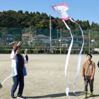 児童が作った凧を操り、揚げ方を教える芳野さん＝茂原市立本納小
