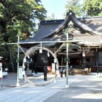 香取神宮の境内に師走の風物詩の「茅（ち）の輪」が設置され、参拝客らが心身を清めるため、直径約３メートルの輪をくぐり抜けた＝８日、香取市