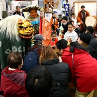 来場者の頭をかむしぐさをして厄を払う獅子＝１月、香取市