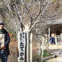 「ホースセラピーたてがみ」の看板の横に立つ小谷さん。奥には地元住民が建てた厩舎があり、地域の協力を得て運営している
